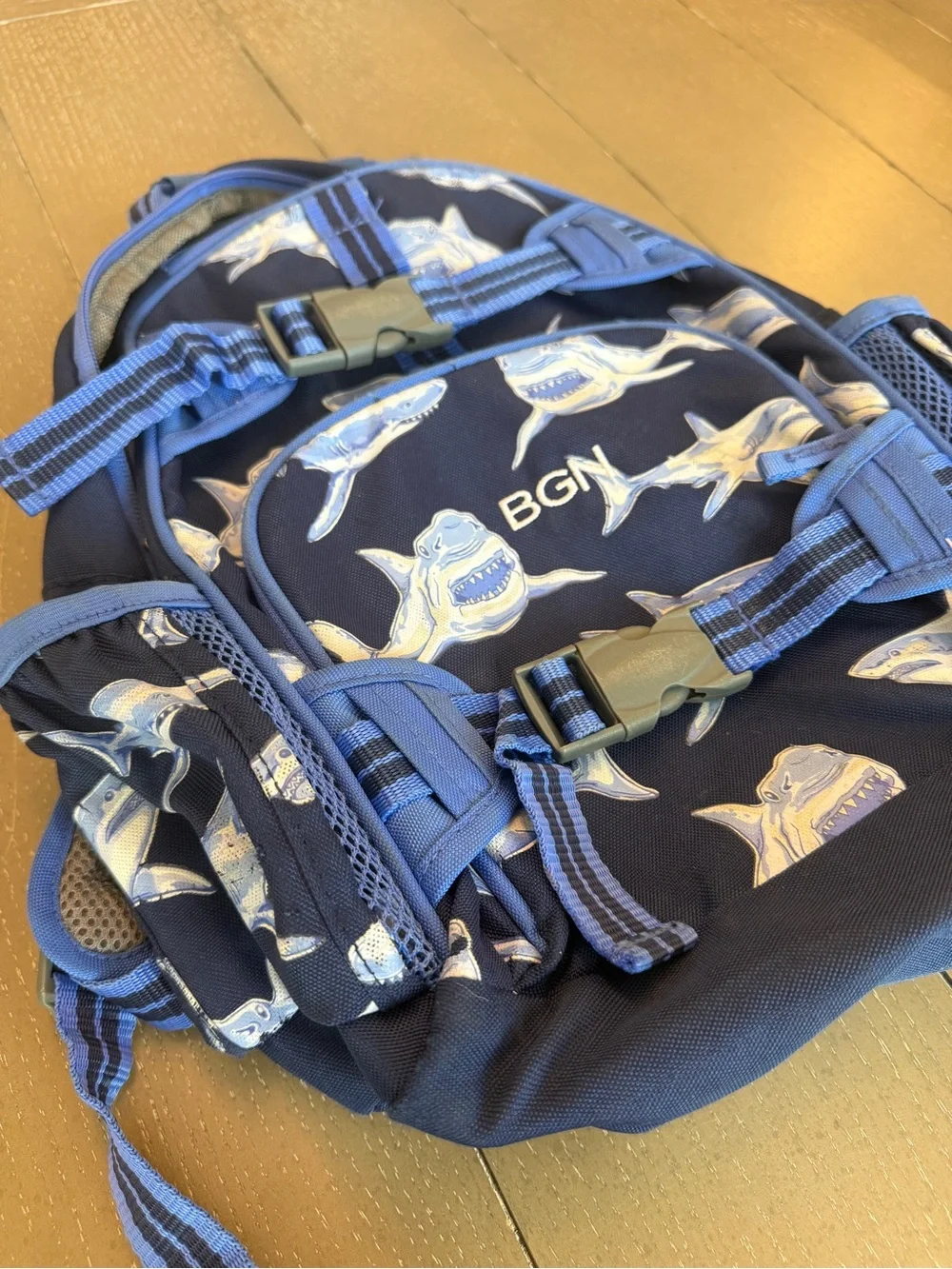 Pottery Barn Kids Navy Blue Sharks Boys Small Mackenzie Backpack “BGN” Initials